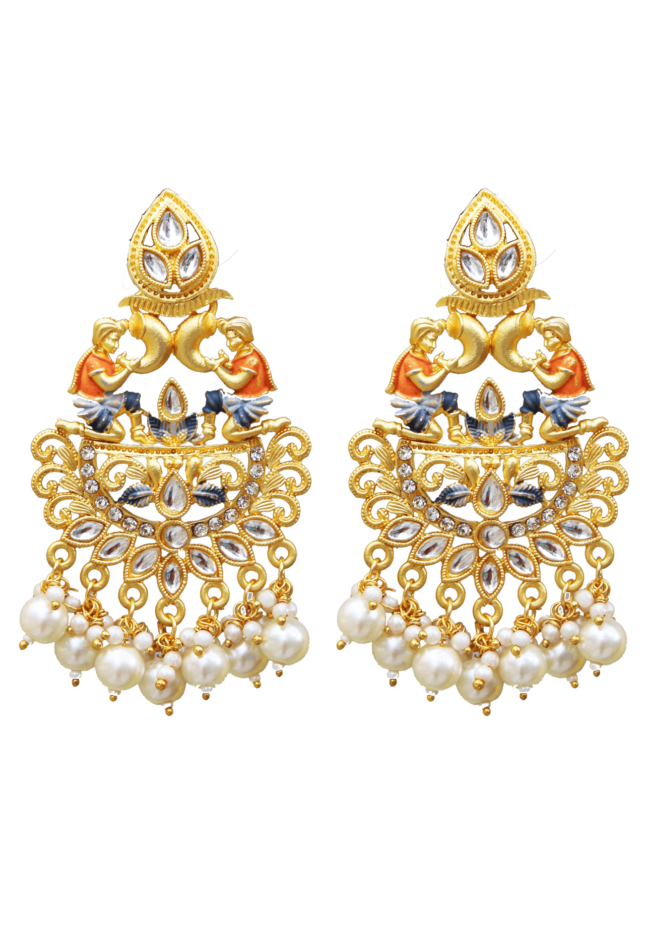 Temple Jewellery - 22K Gold Drop Earrings with Beads & Pearls -  235-GER16465 in 16.500 Grams